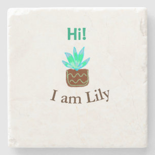 Hi I am Lily cactus succulent add name watercolor  Stone Coaster