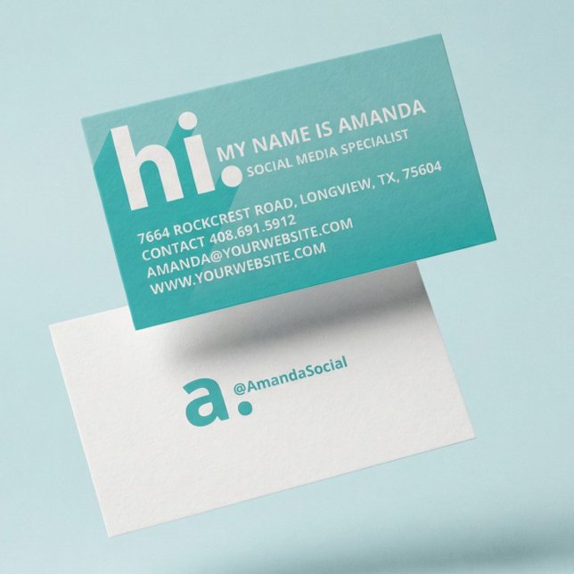 Hi My Name is Bold Diagonal Shadow Teal Gradient Business Card (Modern Blue Social Media Influencer Branding Bus Business Card)