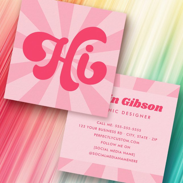 Hi retro pink or any colour sunburst square business card (Hi retro pink or any color sunburst square business card)