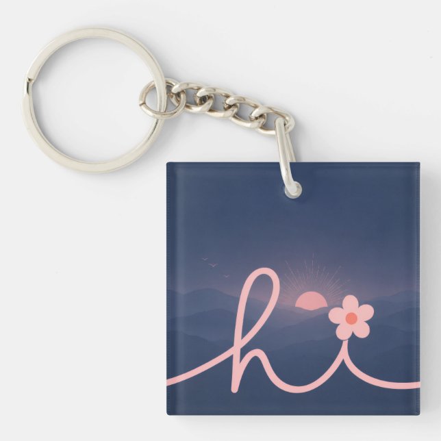 "hi" Script Mountain Sunset Design Keychain (Front)