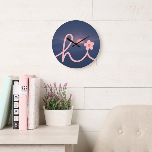 "hi" Script Mountain Sunset Design Large Clock (Reading Room)