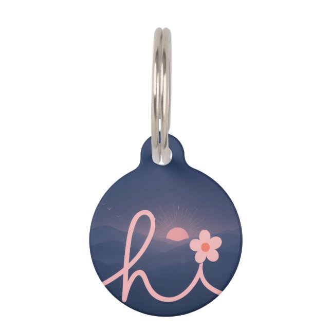"hi" Script Mountain Sunset Design Pet Tag (Front)