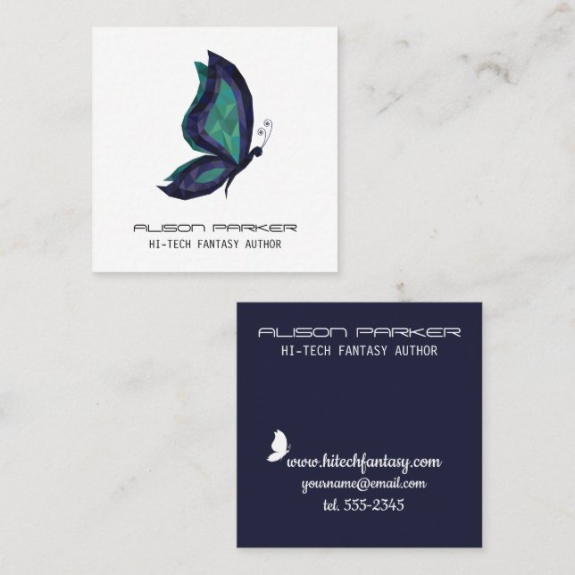 Hi tech butterfly wings fantasy author writer square business card (Front/Back)