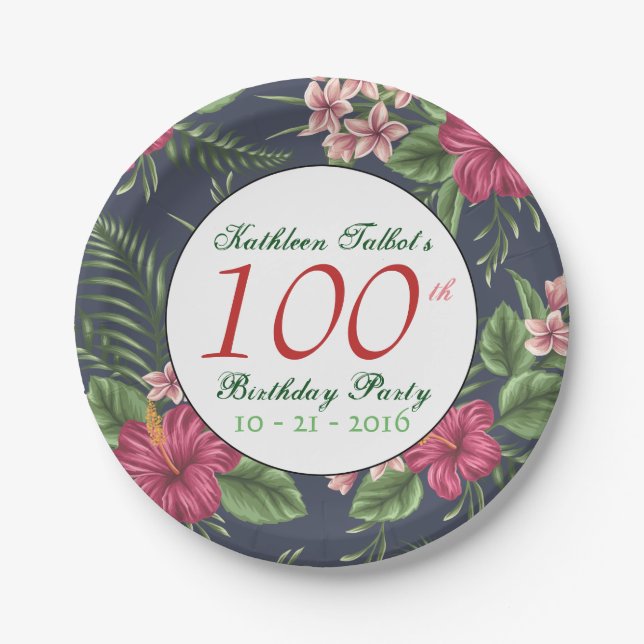 Hibiscus 100th Birthday Party Paper Plate (Front)