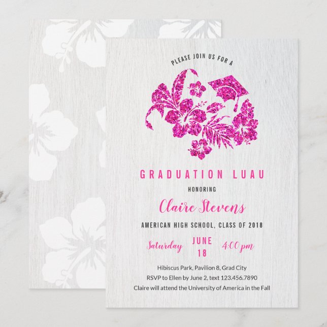 HIbiscus and Cap Graduation Luau Invitation (Front/Back)