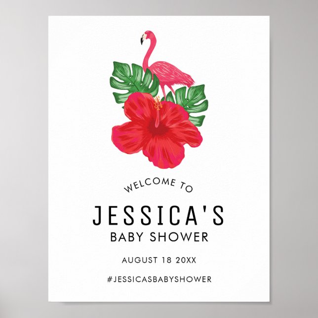 Hibiscus and Flamingo Baby Shower Welcome Poster (Front)