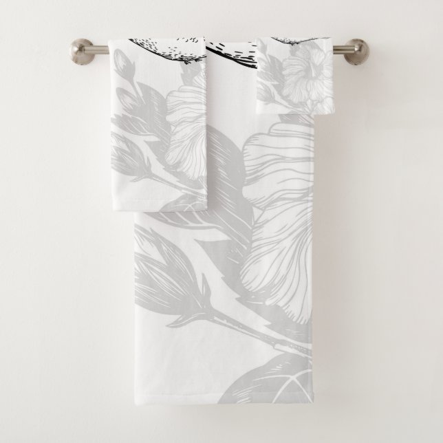 Hibiscus and hummingbird bath towel set (Insitu)