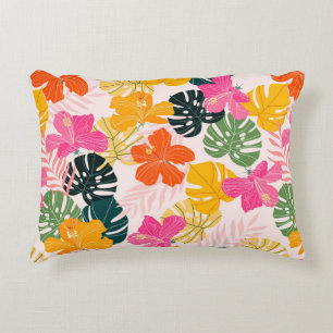 Hibiscus and monstera leaves tropical pattern desi accent pillow
