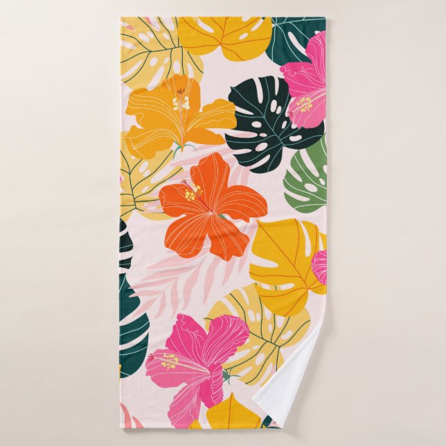 Hibiscus and monstera leaves tropical pattern desi bath towel (Bath Towel)