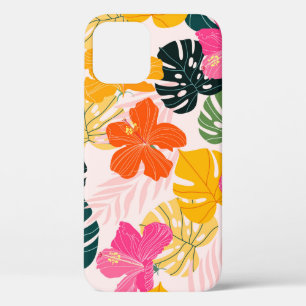 Hibiscus and monstera leaves tropical pattern desi iPhone 12 case