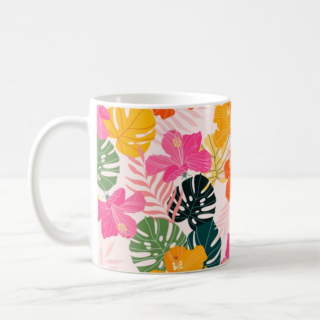 Hibiscus and monstera leaves tropical pattern desi coffee mug (Left)
