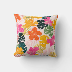 Hibiscus and monstera leaves tropical pattern desi throw pillow