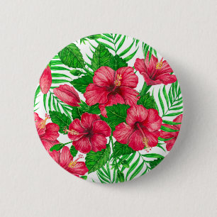 Hibiscus and palm leaves 2 inch round button