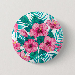 Hibiscus and palm leaves 2 inch round button