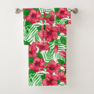 Hibiscus and palm leaves bath towel set