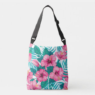 Hibiscus and palm leaves crossbody bag