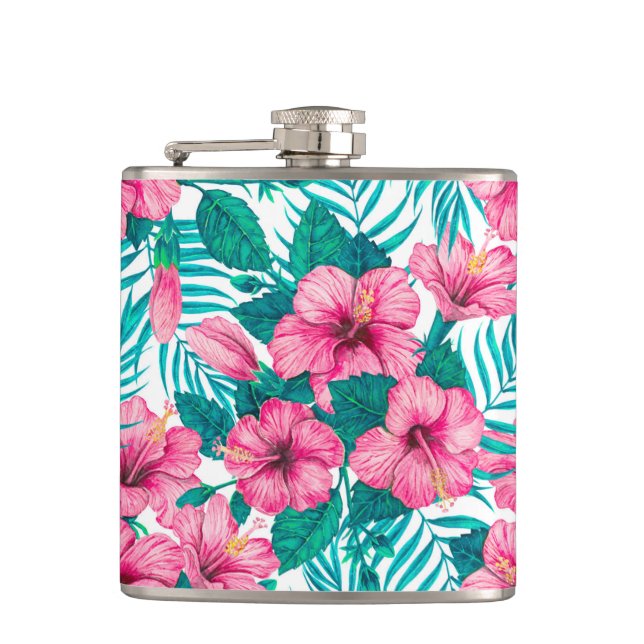 Hibiscus and palm leaves hip flask (Front)
