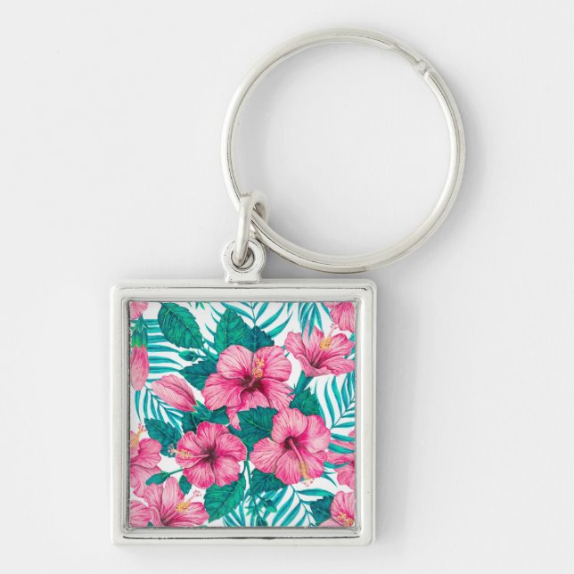 Hibiscus and palm leaves keychain (Front)