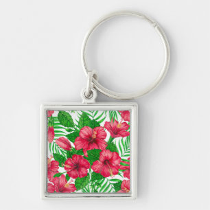 Hibiscus and palm leaves keychain