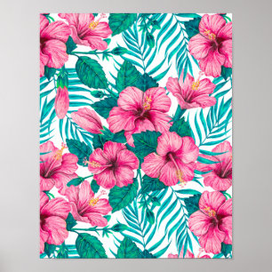 Hibiscus and palm leaves poster