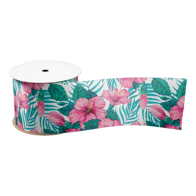 Hibiscus and palm leaves satin ribbon (Spool)