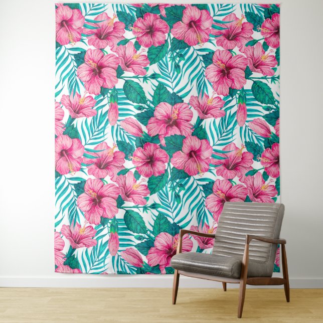 Hibiscus and palm leaves tapestry (In Situ)