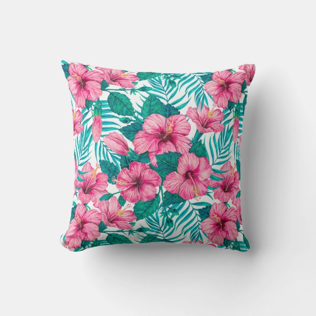 Hibiscus and palm leaves throw pillow (Front)