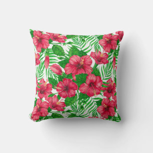 Hibiscus and palm leaves throw pillow