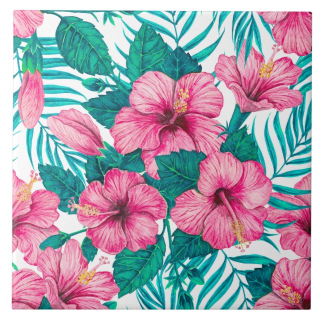 Hibiscus and palm leaves tile (Front)