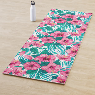 Hibiscus and palm leaves yoga mat