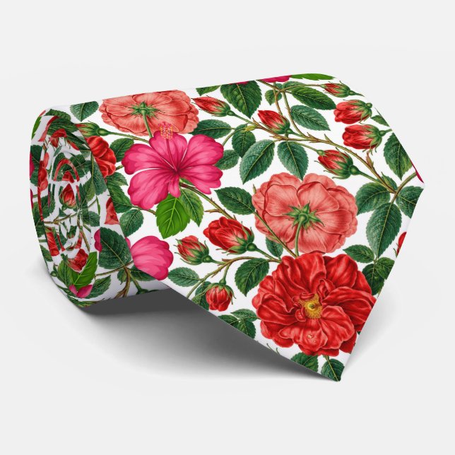 Hibiscus and Rose Botanical Pattern Tie (Rolled)