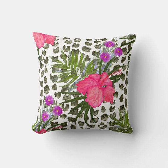 Hibiscus Animal: Watercolor Seamless Pattern. Throw Pillow (Front)