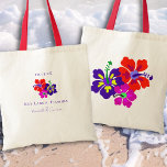 Hibiscus Art Flowers Wedding Favour Tote Bag<br><div class="desc">Bright hibiscus flowers wedding tote bag with three lines of text to personalize. Bright red, pink and dark purple flowers make a small cluster on the front with date of event above. Beneath the flowers, add the location of the wedding with names of the couple being married. The back of...</div>