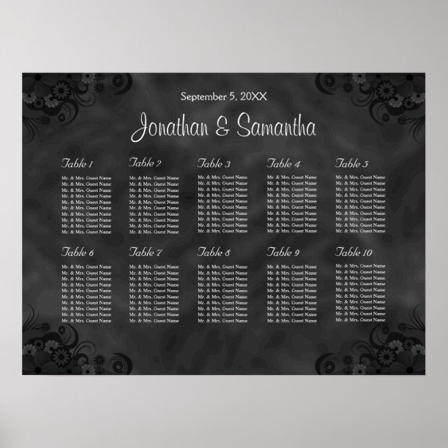 Hibiscus Black 10 Tables Wedding Seating Chart (Front)