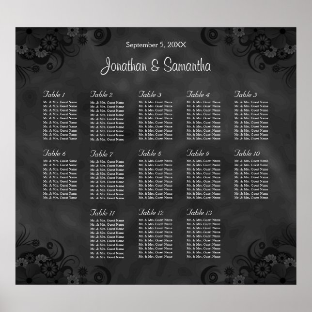 Hibiscus Black 13 Tables Wedding Seating Chart (Front)