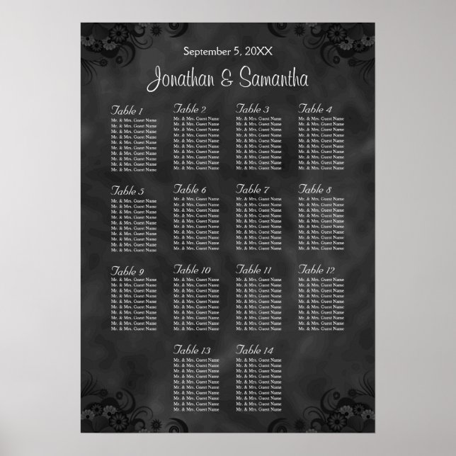 Hibiscus Black 14 Tables Wedding Seating Charts (Front)