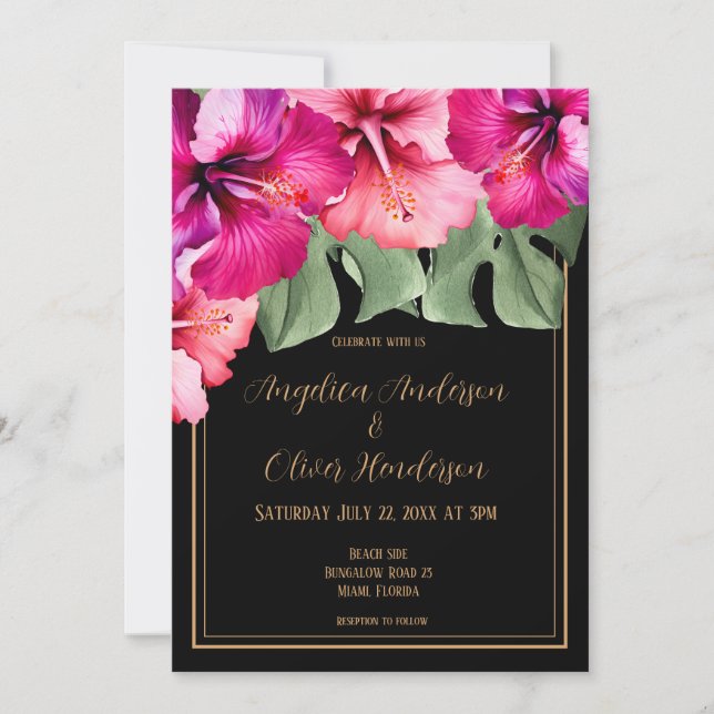 Hibiscus black wedding invitation (Front)