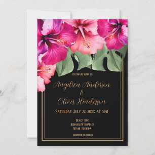 Hibiscus black wedding invitation