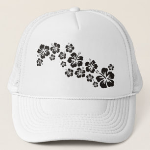 hibiscus blooms in black trucker hat