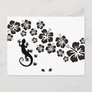 hibiscus blooms in black with Gecko Postcard
