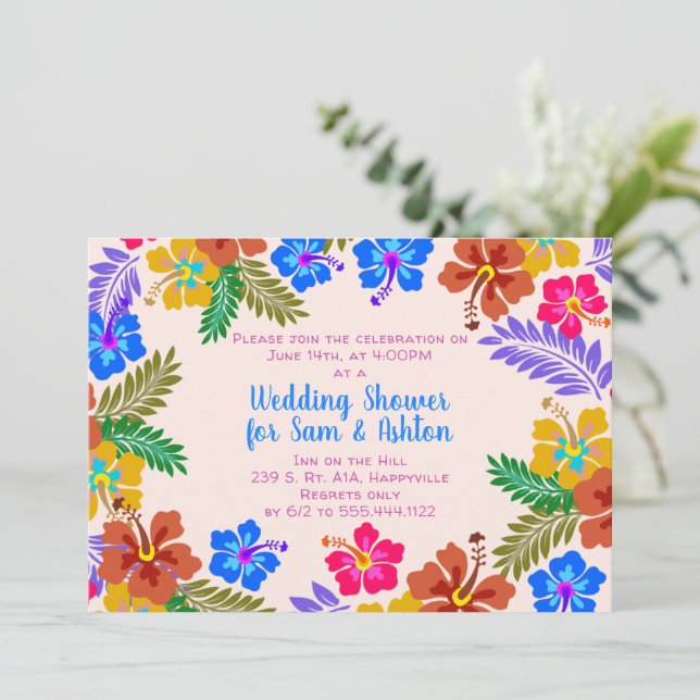 Hibiscus Border Wedding Shower Tropical Flowers In Invitation (Standing Front)