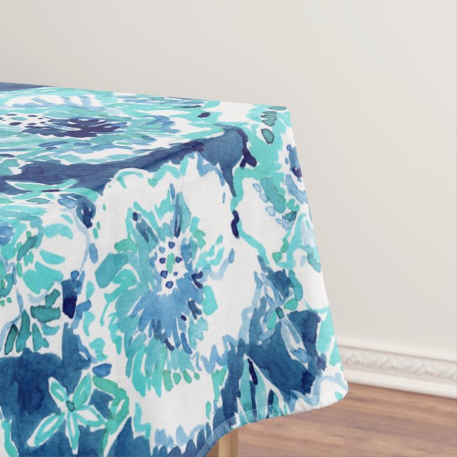 HIBISCUS BOUNTY Blue Tropical Hawaiian Floral Tablecloth (In Situ)