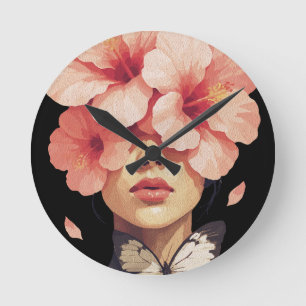 Hibiscus & Butterfly – Modern Floral Botanical Round Clock