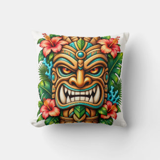 Hibiscus Crown Tiki Guardian 16in Throw Pillow