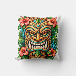 Hibiscus Crown Tiki Guardian Throw Pillow