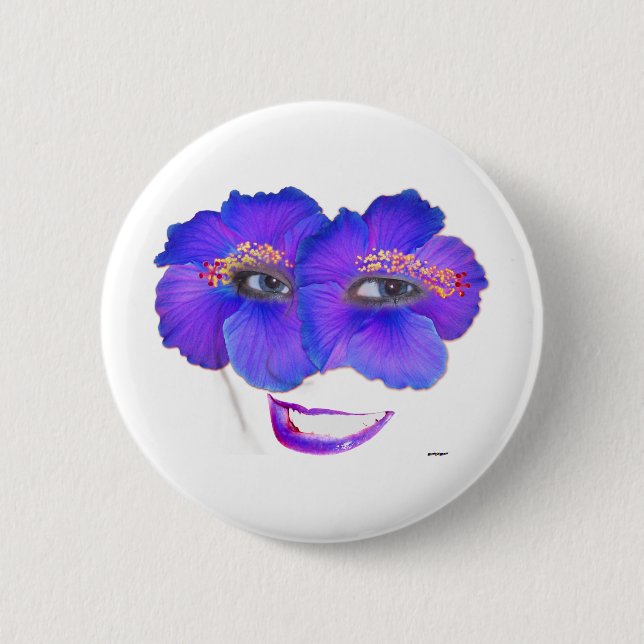 Hibiscus Face with Smile - Blue 2 Inch Round Button (Front)