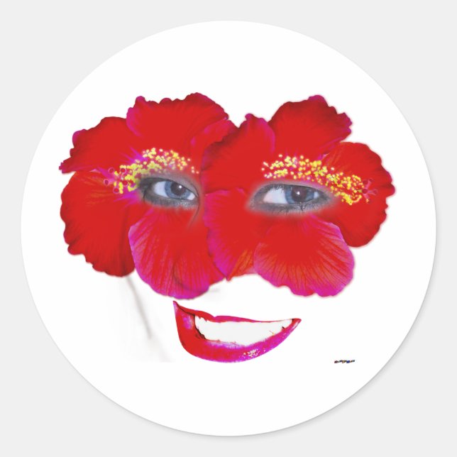 Hibiscus Face with Smile - Red Classic Round Sticker (Front)