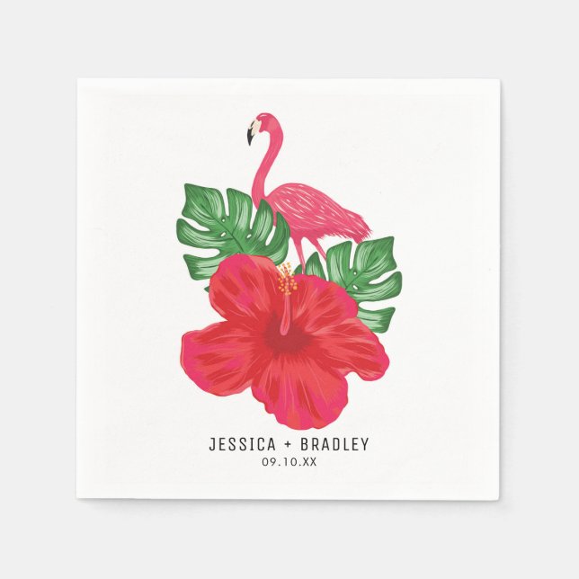 Hibiscus & Flamingo Tropical Wedding Paper Napkins (Front)
