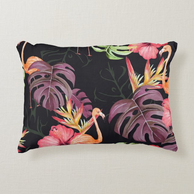 Hibiscus, Flamingos, Watercolor Tropical Pattern. Accent Pillow (Front)