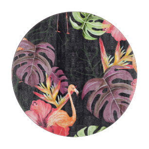Hibiscus, Flamingos, Watercolor Tropical Pattern. Cutting Board